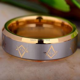 Rings Free Shipping Usa Uk Canada Russia Brazil 8mm Comfort Fit Masonic Mason Gold Colour Beveld Men's Fashion Tungsten Wedding Ring