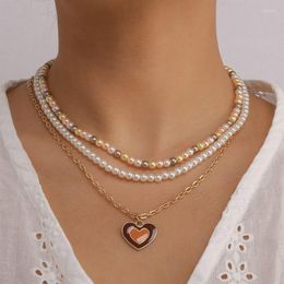 Choker Vinatge Pearl Necklace For Women Heart Pendant Statement Necklaces Multi-Layer Beads Jewlery Accessories