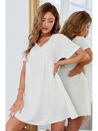 Party Dresses Summer Women Sundress Fashion V Neck Navy Blue White Loose Casual Mini Dress A-line Vestidos Short Sleeve Cotton Beach