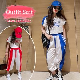 Clothing Sets Summer School Girls Contrast Striped Crop t Shirt Tops Drawstring Pant Kids Tracksuit Child Outfit Jogging Suit 3 16 Years 230520