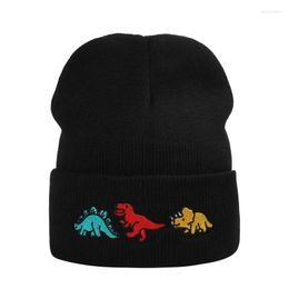 Berets Kpop Men's Cap Cool Dinosaur Embroidery Knitted Beanies For Women Black White Cute Skullies Boys Outdoor Casual Warm Bonnet