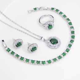 Sets Russian July Style Green Stone Silver Bridal Jewellery For Women Adjustable Ring Earrings Necklace With Bracelet Drop Shipping T61