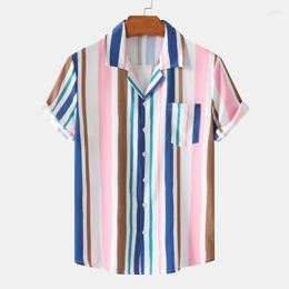 Men's Casual Shirts 2023 Men's Beach Style Cuban Collar Ice Silk Drape Digital Printing Shirt Fashion Striped Short Sleeve