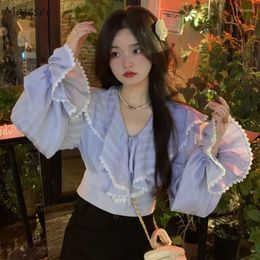 Women's Blouses Women Temper Slim Bandage Casual Sweet French Style Crop Tops Chic Spring Flare Sleeve All-match Fashion Aesthetic Teens