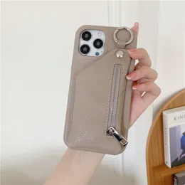 Luxury Lychee Pattern Zipper Vogue Phone Case for iPhone 14 13 12 11 Pro Max Samsung Galaxy S23 Ultra S22 Plus S21 S20 Card Slot Solid Leather Wallet Chain Back Cover