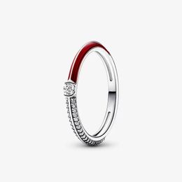 Pave Red Dual Stacking Ring for Pandora Authentic Sterling Silver Party Rings designer Jewellery For Women Mens Crystal diamond Couple's ring with Original Box Set