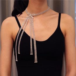 Necklaces New Multi Crystal Bow Tie Choker Necklace for Women Luxury Long Tassel Rhinestone Choker Collar Necklace Chain Jewelry