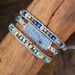 Bracelets Multilayers Leather Wrap Bracelet W/ Natural Stone Aquamarines Beaded 3 Strands Bracelet Boho Beads Jewelry Wholesale Dropship