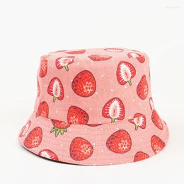 Wide Brim Hats Cotton Strawberry Print Bucket Hat Fisherman Outdoor Travel Sun Cap For Women 272