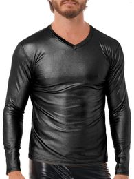 Men's T Shirts Mens Metallic Shiny Faux Leather T-shirt Dance Costume Glossy Nightclub Party Clubwear Slim Fit V Neck Long Sleeve Shirt Tops