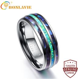 Rings BONLAVIE 8MM Wide Polished Abalone Shell Tungsten Carbide Rings Dome Triple Grooved Opal Tungsten Steel Jewery Never Fade T082R