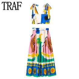 Skirts TRAF Printed Women's Long Leather Fashion Pleated Midi Skiing Women's High Waist Ski Set Street Clothing Summer Beach Skiing 230520