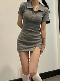 Casual Dresses QWEEK Polo Collar Bodycon Wrap Mini T-shirt Dress Women Causal White Short Sleeve Split Korean Fashion 2023 Autumn