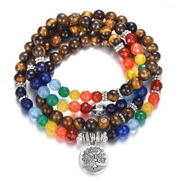 Strand Life 7 Chakra Bracelet Men Women 108 Beads Mala Buddha Buddhism Healing Tiger Eye Stone 6mm Beaded Layered Cabala