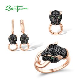 Sets SANTUZZA 925 Sterling Silver Jewellery Set For Women Animal Black Leopard Panther Ring Earrings Pendant Set Spinel Fine Jewellery