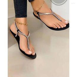 Sandals Feminine Elastic Open Toe Plus Size Flat Contrast Panelled Post Slingback Rhinestone Decor Low Heels Shoes