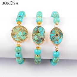 Bracelets BOROSA 3PCS Gold electroplated Natural Copper Turquoises With 8mm Natural Turquoises Beads Bracelet Howlites Charm Bangle G1719