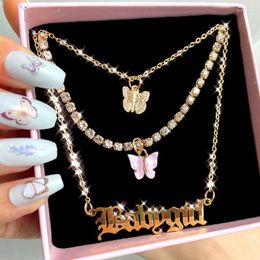 Chains Multi Layer Crystal Babygirl Angel Letter Pendant Necklace Female Hollow Big Butterfly Choker Fashion Statement Jewelry