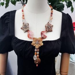 Pendant Necklaces Lii Ji Real Stone Brown Colour Necklace 79cm Agate Smoky Quartzs Jasper Flower Women