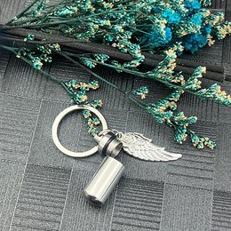 Keychains Urn Keychain Stainless Steel Cylinder Bar Pendant With Angel Wing Cremation Memorial Keepsake Ashes Jewelry