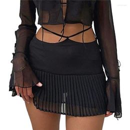 Skirts Y2k Women Pleated Skirt Summer Solid Color Elastic Waist Lace Up Bandage Short Mini 2000s Fairycore Club Streetwear