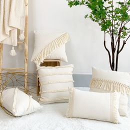 Cushion/Decorative Pillow Boho Style Linen Cotton Pillow Cover Home Decorative Beige Cushion with Tassels Solid Throw Cases 45x45cm30x50cm 230520