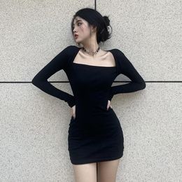 Casual Dresses Black Sexy Nightclub Mini Dress Women's Square Neck Bubble Long Sleeve Women Fashion High Waist Slim Party Bodycon