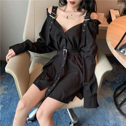 Casual Dresses Women's Summer Fashion Suspenders Shirts Dress Black White Sexy Deep V Strapless Long Blouse With Belt Female Tops