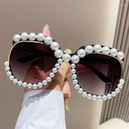 Sunglasses Fashion Retro Pearl Frame Uv400 Women Summer Cat Eye Pink Eyewear Trending Beach Shades Party Personality Sun Glasses