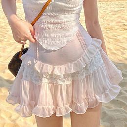 Skirts Kawaii Cute Pink Ruffles Mini Skirt Y2K Fairy Vintage Lace Trim High Waist Pleated A-line Korean Women Sweet Streetwear