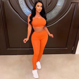 Women's Two Piece Pants FUDA Soild Workout Knit Ribbed Women Set Outfits Sweatsuit 2023 Summer Crop Top And Legging Matching Tracksuit