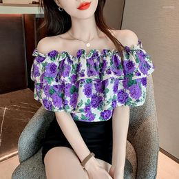 Women's Blouses 2023 Summer Floral Designer Purple Korean Shirt Short-sleeved Female Minority Design Collarbone One-shoulder Top Fashion