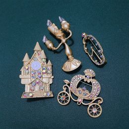 Morkopela golden cartoon fairy tale series brooches vintage candlestick pin Jewellery pumpkin carriage and clock brooch for female