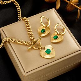 Necklace Earrings Set 316L Stainless Steel Retro Emerald Zircon Pendant Temperament Women's Jewellery