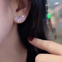 Stud Earrings Huitan Branches And Leaves White/Pink CZ Stone Ear Piercing For Women Chic Climbers Statement Jewelry