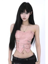 Women's Tanks Camis Y2k Aesthetic Off Shoulder Sexy PU Tube Slim Korean Fashion Sleeveless Cropped Top Chain Zipper Patchwork Casual Tank 230520