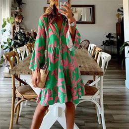 Casual Dresses Women Sexy V Neck Midi Boho Floral Print Flare Sleeve Dress Knee Length Summer Beach Vocation Vestido