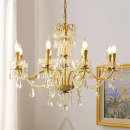 Pendant Lamps French Crystal Pearl Chandelier American European Villa Living Room Dining Bedroom All Copper Lights