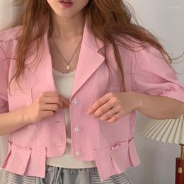 Women's Jackets Summer Sweet Little Fragrance Suit Collar Flower Button Stitching Pleated Bubble Sleeve Short Coat Woman Clothing