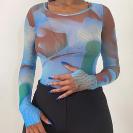 Women's TShirt Y2K Tie Dye Print Crop Top Mesh Sheer See Through Long Sleeve Tshirt Women Summer Sweat Tee Egirl Aesthetic Streetwear 230520