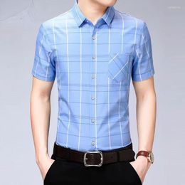 Men's Dress Shirts 2023 Summer Men Fashion Short Sleeve Slim Clothing Smart Casual Blouses Male Turn-Down Collar Plaid I62