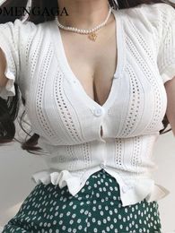 Women's Blouses European Korea Knitted Short Sleeve Shirt Female Fashion Hollow Lace Top French Girl Sexy Low Chest V-neck Blouse M289