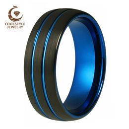 Rings Black Blue Tungsten Weding Band For Men And Women Dome Band 8MM With Grooved Brushed finish Comfort Fit