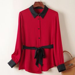 Women's Blouses Elegant Fashion Women's Red Shirt Turn-down Collar Long Sleeve Woman Shirts Real Silk Office Lady Blouse Loose Tops
