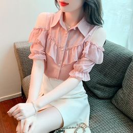 Women's Blouses Clothing Femme 2023 Ladies Tops Sweet Chiffon Blouse For Women Ruffles Sleeve Pink Shirts Blusas Mujer