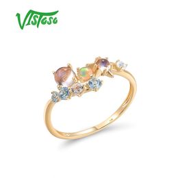 Rings VISTOSO Genuine 14K 585 Yellow Gold Ring For Women Sparkling Opal Blue Moonstone Topaz Ring Dainty Glamorous Trendy Fine Jewelry
