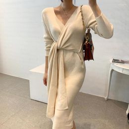 Casual Dresses 2023 Sexy One Piece Side Bandage Knitted Dress For Woman European And American Autumn Winter Long Ladies Sweater