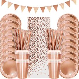 Other Event Party Supplies Rose Gold Party Disposable Tableware Set Paper Plate Cup Kids Adult Birthday Wedding Bachelorette Party Decoration Baby Shower 230522