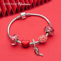 Bangle ATHENAIE 925 Sterling Silver Red Enamel Chinese Good Fortune Carp Fish New Year Bless Charms Bracelet