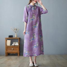 Dresses 2023 New Arrival Thin Soft Cotton Linen Purple Chinese Style Cosy Summer Dress Robes Cheongsam Plus Size Women Casual Midi Dress